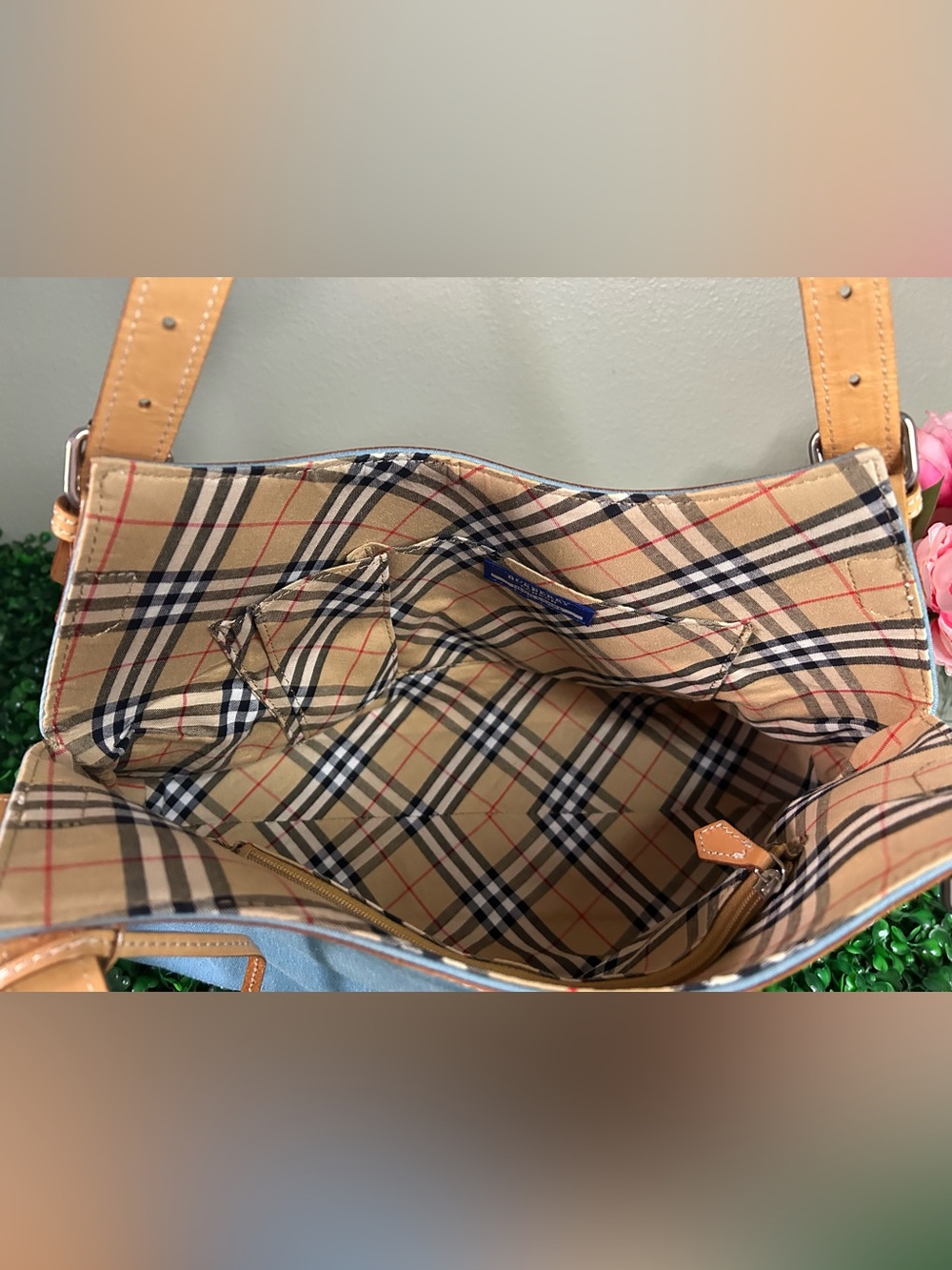 Burberry Blue Label Sky Blue Canvas Shoulder Tote Bag Nova Check Lining - Picture 9 of 13